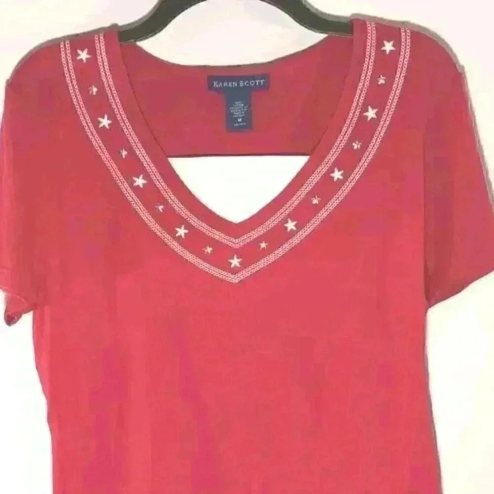 "KAREN SCOTT "RED PATRIOTIC CASUAL SHORT SLEEVE TOP WOMENS‎ MEDIUM